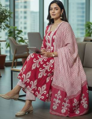 Women Ethnic Motifs Printed Regular  Cotton Kurta with Trousers & With Dupatta 7