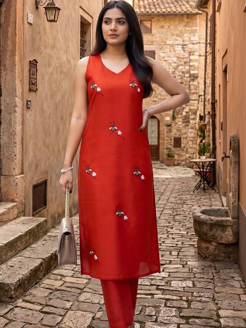 Women Embroidered Regular Thread Work Kurta with Trousers