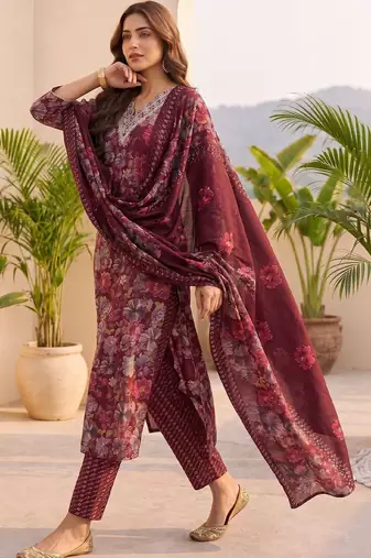 Women Floral Printed Regular Thread Work Kurta with Trousers & With Dupatta