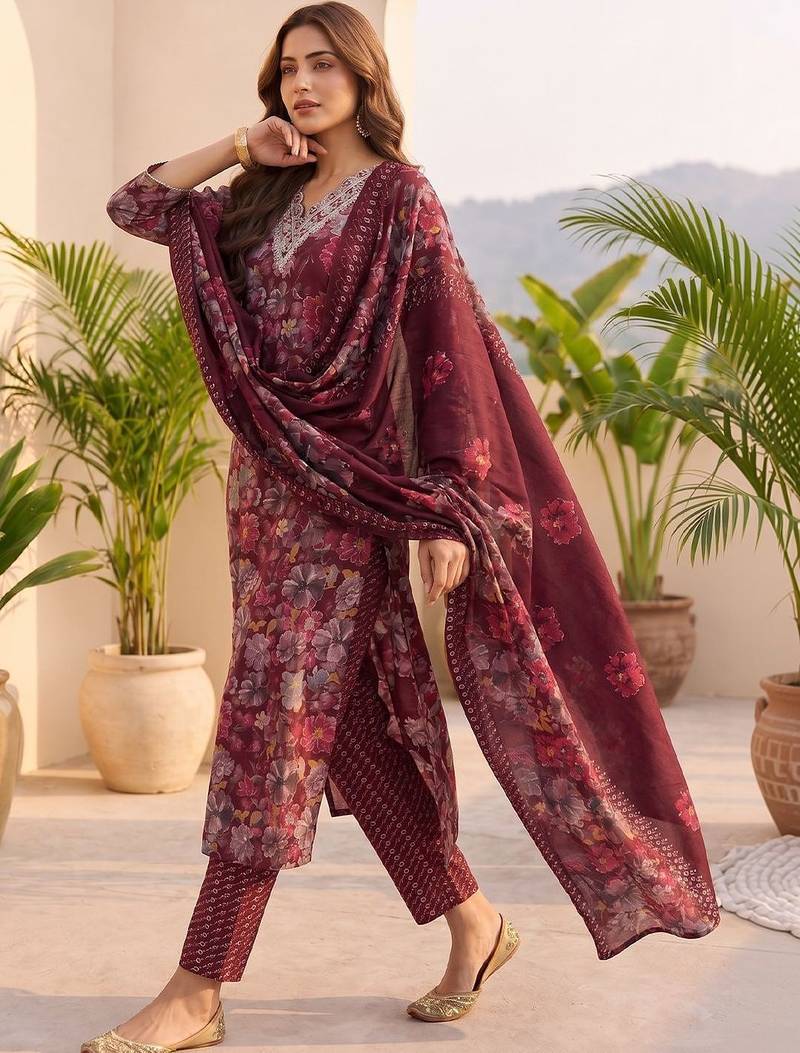 Women Floral Printed Regular Thread Work Kurta with Trousers & With Dupatta