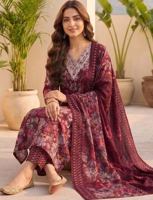 Women Floral Printed Regular Thread Work Kurta with Trousers & With Dupatta 4