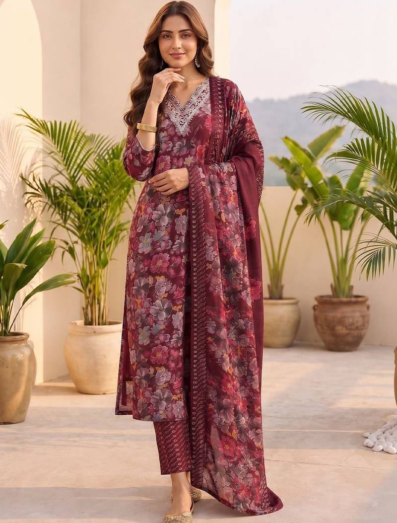 Women Floral Printed Regular Thread Work Kurta with Trousers & With Dupatta