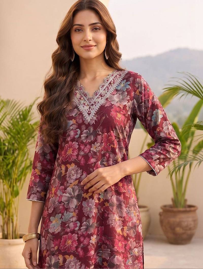 Women Floral Printed Regular Thread Work Kurta with Trousers & With Dupatta