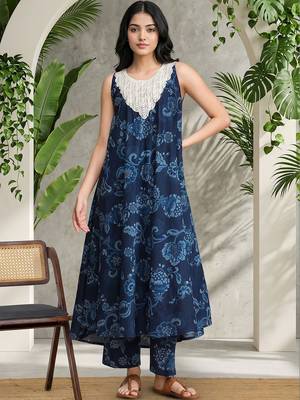 Women Ethnic Motifs Printed Regular Thread Work Pure Cotton Kurta with Trousers 2