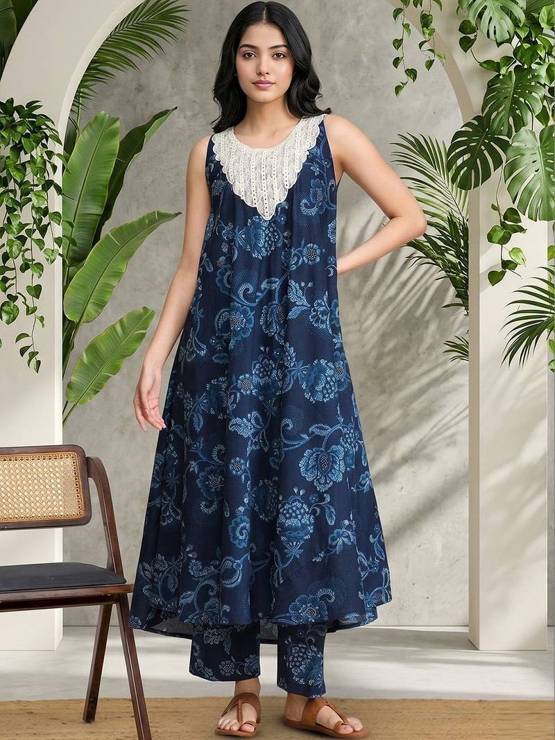 Women Ethnic Motifs Printed Regular Thread Work Pure Cotton Kurta with Trousers