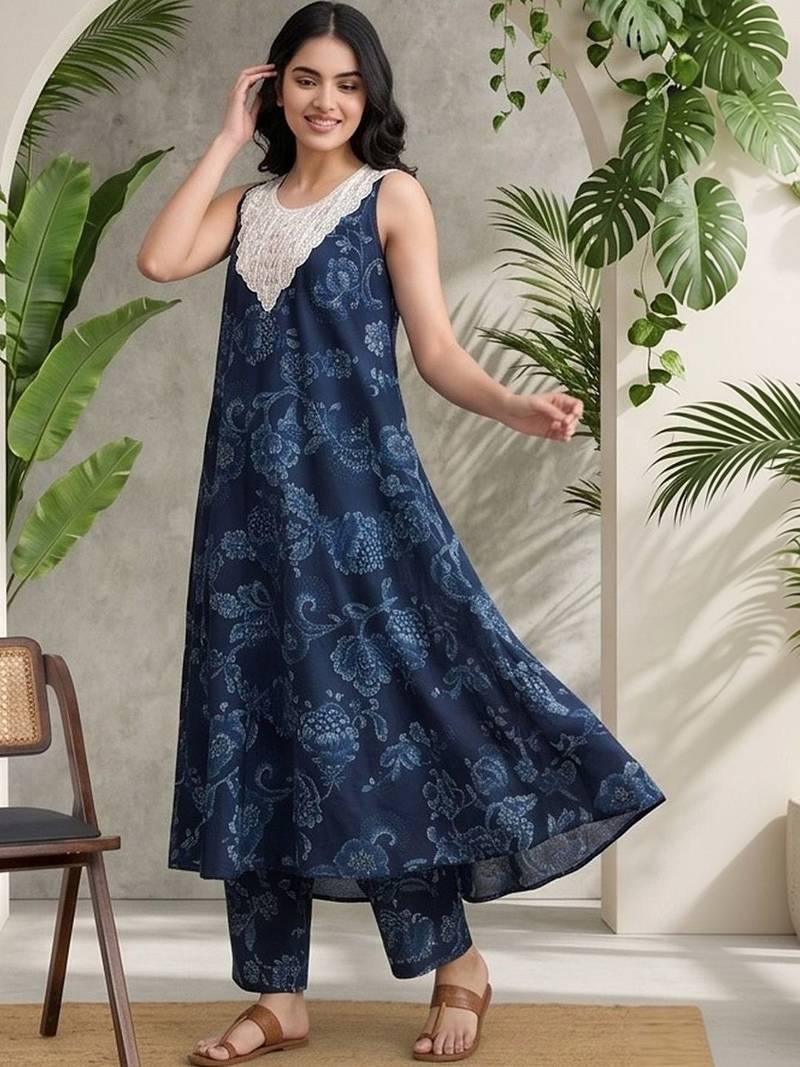 Women Ethnic Motifs Printed Regular Thread Work Pure Cotton Kurta with Trousers