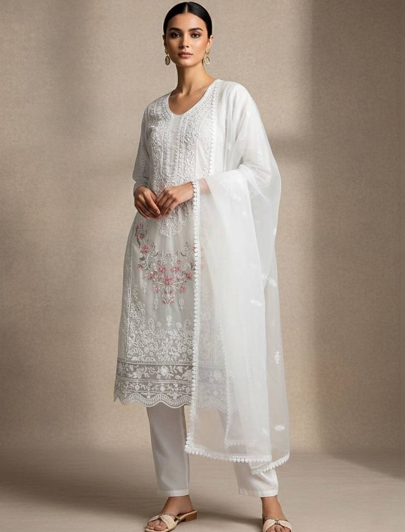 Women Floral Embroidered Regular Thread Work Kurta with Trousers & With Dupatta