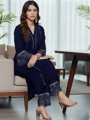 Women Ethnic Motifs Regular Thread Work Silk Crepe Kurta with Trousers 3