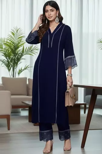 Women Ethnic Motifs Regular Thread Work Silk Crepe Kurta with Trousers