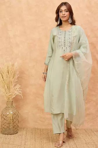 Ethnic Motifs Yoke Design Thread Work Straight Kurta With Trousers & Dupatta