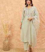 Ethnic Motifs Yoke Design Thread Work Straight Kurta With Trousers & Dupatta