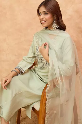 Ethnic Motifs Yoke Design Thread Work Straight Kurta With Trousers & Dupatta