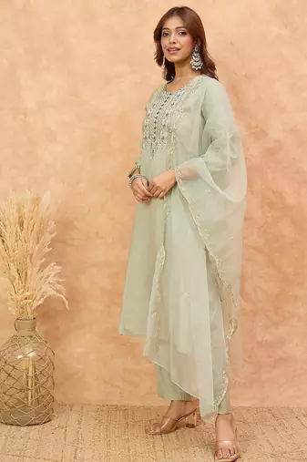 Ethnic Motifs Yoke Design Thread Work Straight Kurta With Trousers & Dupatta