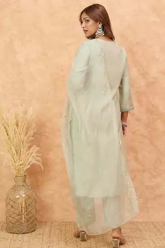 Ethnic Motifs Yoke Design Thread Work Straight Kurta With Trousers & Dupatta
