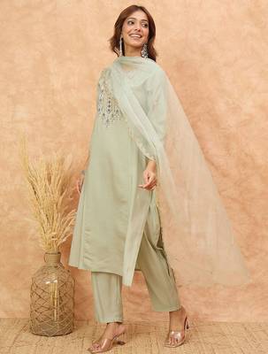 Ethnic Motifs Yoke Design Thread Work Straight Kurta With Trousers & Dupatta 6