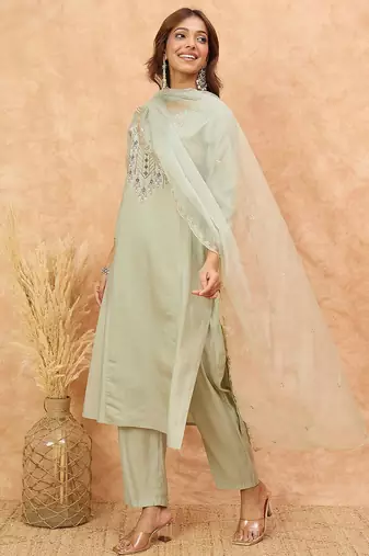 Ethnic Motifs Yoke Design Thread Work Straight Kurta With Trousers & Dupatta