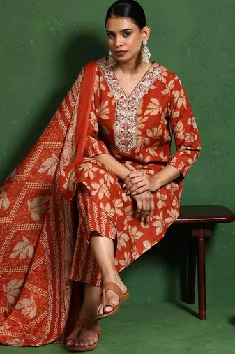 Floral Printed V-Neck Thread Work Kurta With Trousers & Dupatta