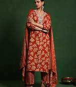 Floral Printed V-Neck Thread Work Kurta With Trousers & Dupatta
