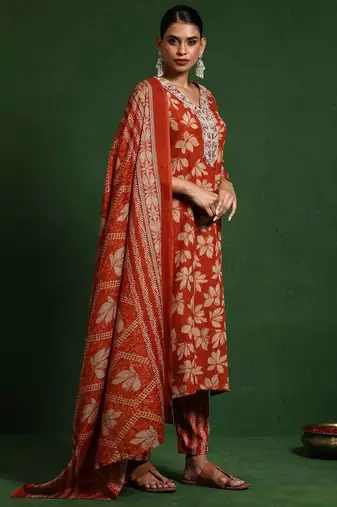 Floral Printed V-Neck Thread Work Kurta With Trousers & Dupatta