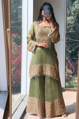 Mahendi embroidered silk designer ready to wear stiched kurta plazzo set with dupatta