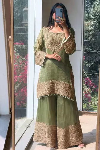 Mahendi embroidered silk designer ready to wear stiched kurta plazzo set with dupatta