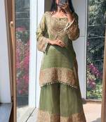 Mahendi embroidered silk designer ready to wear stiched kurta plazzo set with dupatta