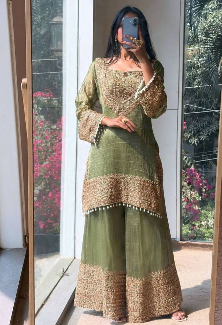 Mahendi embroidered silk designer ready to wear stiched kurta plazzo set with dupatta