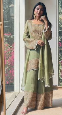 Mahendi embroidered silk designer ready to wear stiched kurta plazzo set with dupatta 2