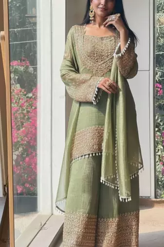 Mahendi embroidered silk designer ready to wear stiched kurta plazzo set with dupatta
