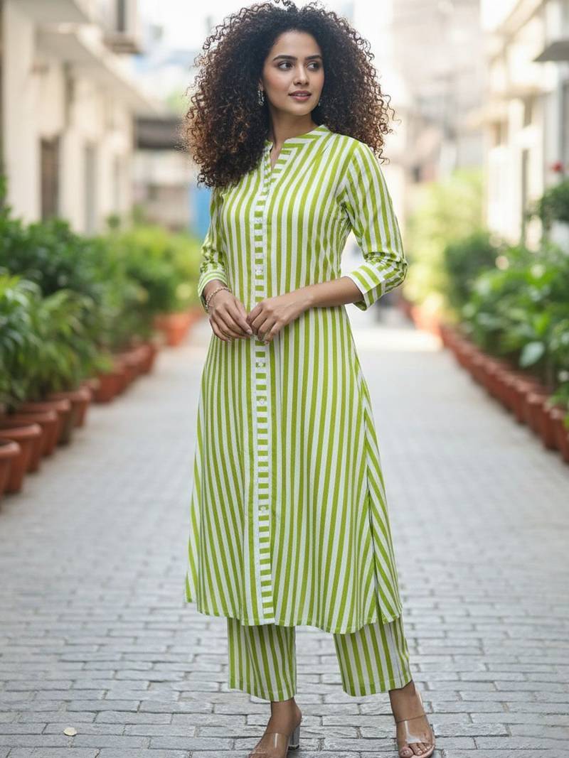 Women Striped Regular Kurta with Trousers