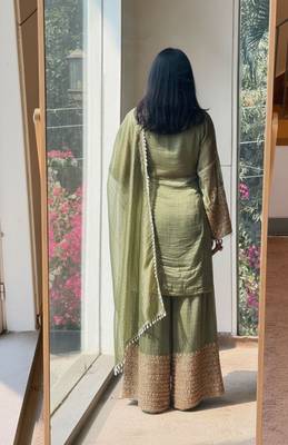 Mahendi embroidered silk designer ready to wear stiched kurta plazzo set with dupatta 3