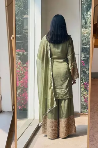 Mahendi embroidered silk designer ready to wear stiched kurta plazzo set with dupatta