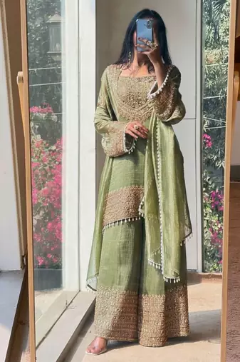 Mahendi embroidered silk designer ready to wear stiched kurta plazzo set with dupatta