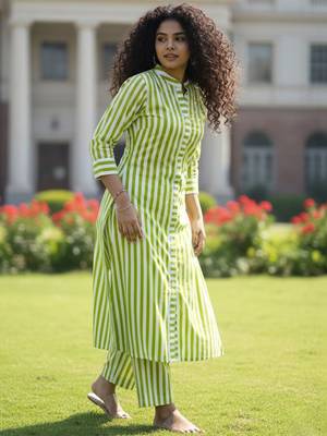 Women Striped Regular Kurta with Trousers 3