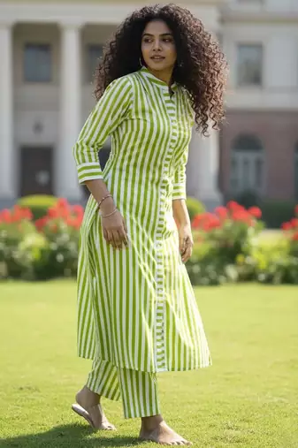 Women Striped Regular Kurta with Trousers