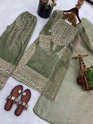 Mahendi embroidered silk designer ready to wear stiched kurta plazzo set with dupatta 5