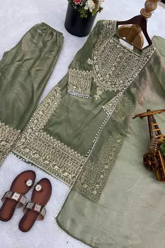 Mahendi embroidered silk designer ready to wear stiched kurta plazzo set with dupatta