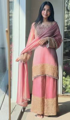 Pink embroidered silk designer ready to wear stiched kurta plazzo set with dupatta 1