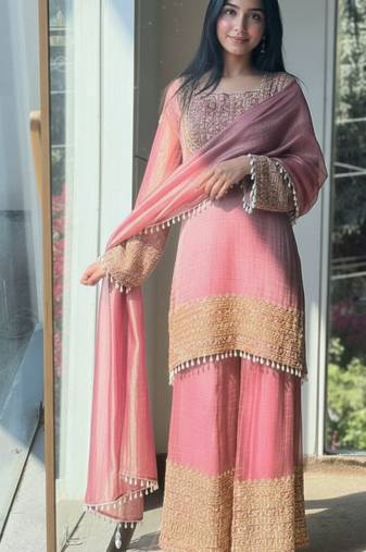 Pink embroidered silk designer ready to wear stiched kurta plazzo set with dupatta