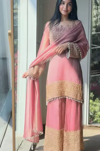 Pink embroidered silk designer ready to wear stiched kurta plazzo set with dupatta