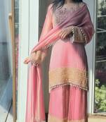 Pink embroidered silk designer ready to wear stiched kurta plazzo set with dupatta