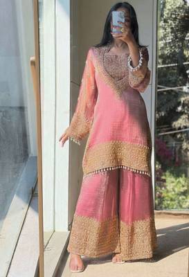 Pink embroidered silk designer ready to wear stiched kurta plazzo set with dupatta 2