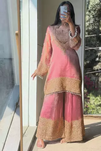 Pink embroidered silk designer ready to wear stiched kurta plazzo set with dupatta