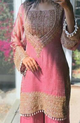 Pink embroidered silk designer ready to wear stiched kurta plazzo set with dupatta 3