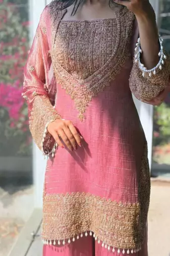 Pink embroidered silk designer ready to wear stiched kurta plazzo set with dupatta