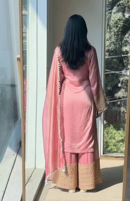Pink embroidered silk designer ready to wear stiched kurta plazzo set with dupatta 4