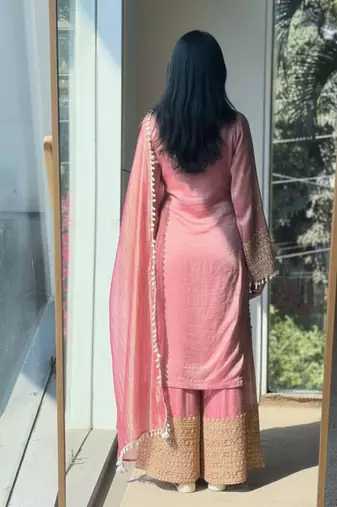 Pink embroidered silk designer ready to wear stiched kurta plazzo set with dupatta