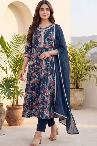 Women Floral Printed Regular Thread Work Pure Cotton Kurta with Trousers & With Dupatta