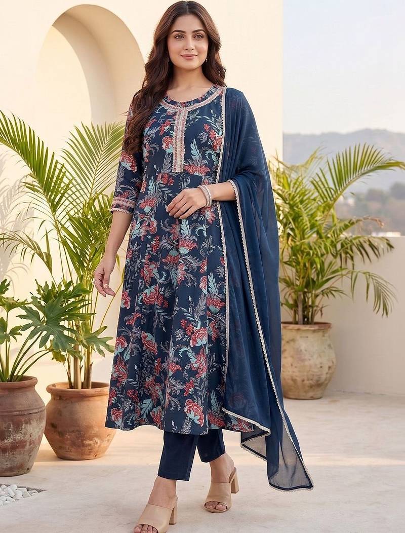 Women Floral Printed Regular Thread Work  Cotton Kurta with Trousers & With Dupatta