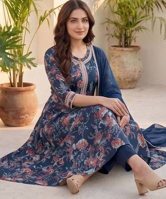 Women Floral Printed Regular Thread Work  Cotton Kurta with Trousers & With Dupatta 2